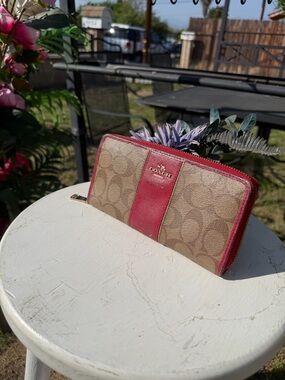 Coach Beige Signature Canvas Wallet with Red Trim
